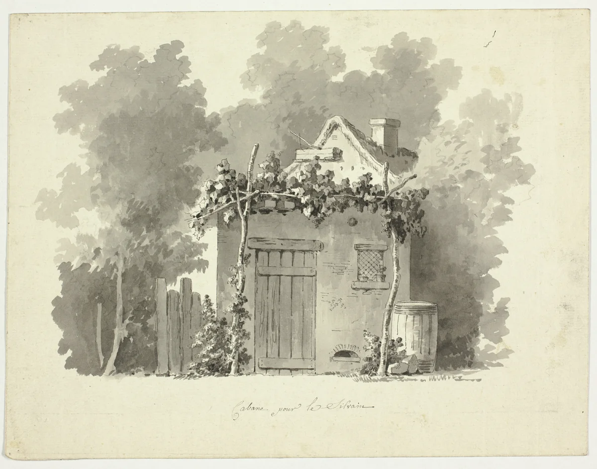 View of the Park at Versailles: Rustic Cabin by Pierre Antoine Mongin, drawing, 1781-1827