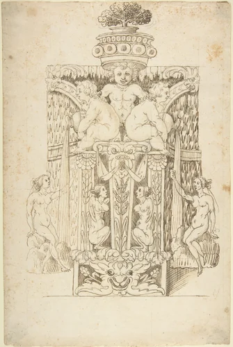 Design for a Wall Fountain by anonymous, drawing, 1550-1620