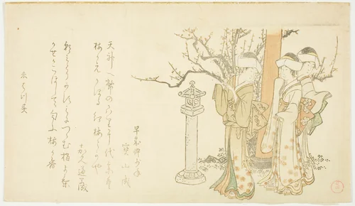 Three Girls at Temple Gate by Kubo Shunman (窪俊満), print, 1799