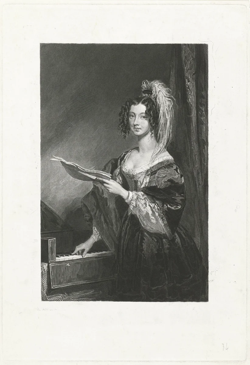 Dame voor een klavier by Johannes de Mare, print, 1816-1888