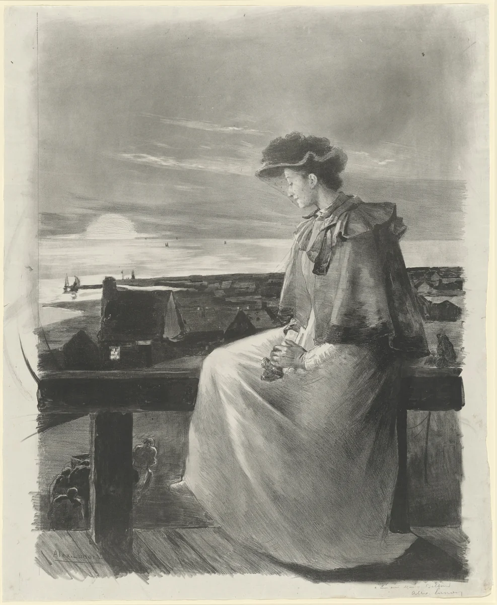 Reverie: Young Woman Sitting by the Sea by Alexandre Lunois, print, 1890