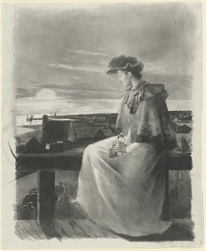 Reverie: Young Woman Sitting by the Sea by Alexandre Lunois, print, 1890