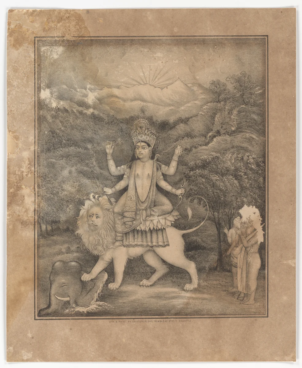 Goddess Jagadhatri by Krishnahari Das, print, 1870-1890