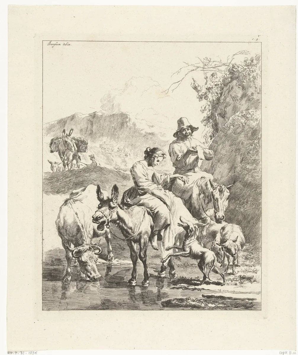 Herderin op ezel en herder op paard steken beek over by anonymous, print, 1652-1733