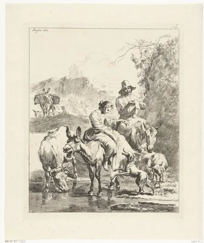 Herderin op ezel en herder op paard steken beek over by anonymous, print, 1652-1733
