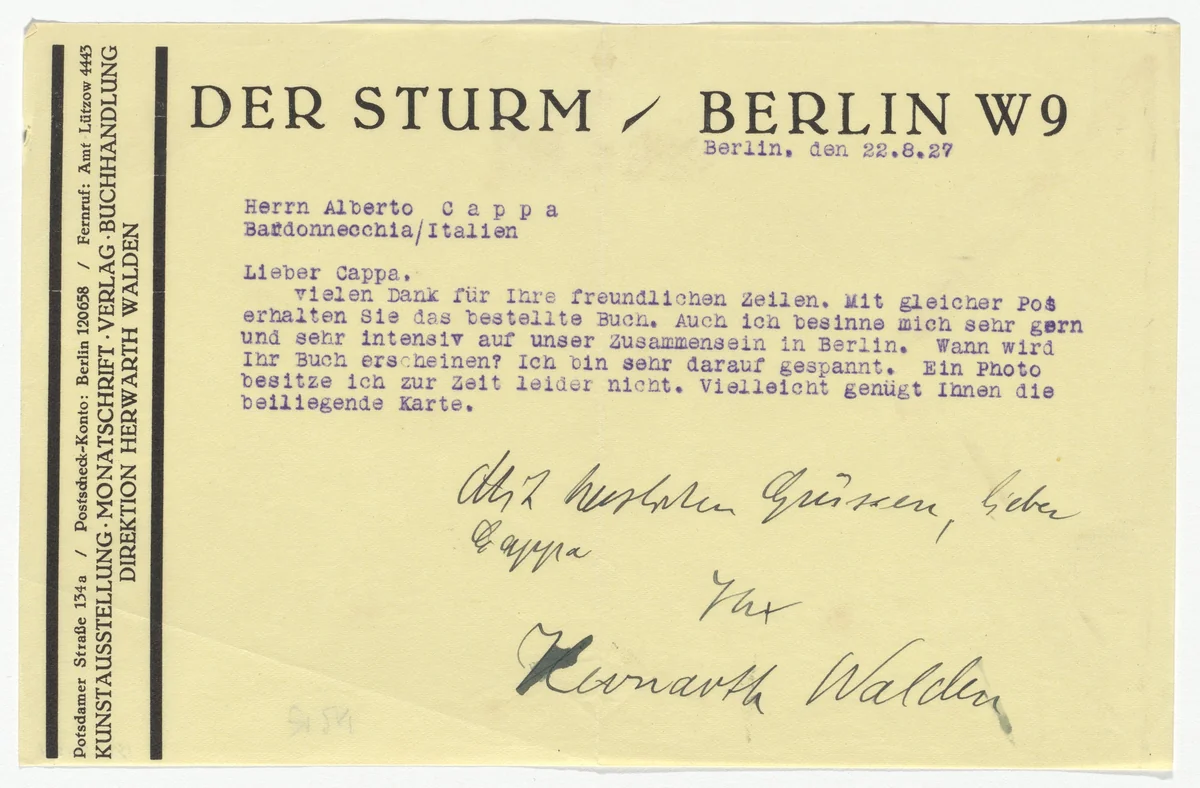 Der Sturm letterhead (Letter to Alberto Cappa from H. Walden) by Unidentified Designer, design, 1927