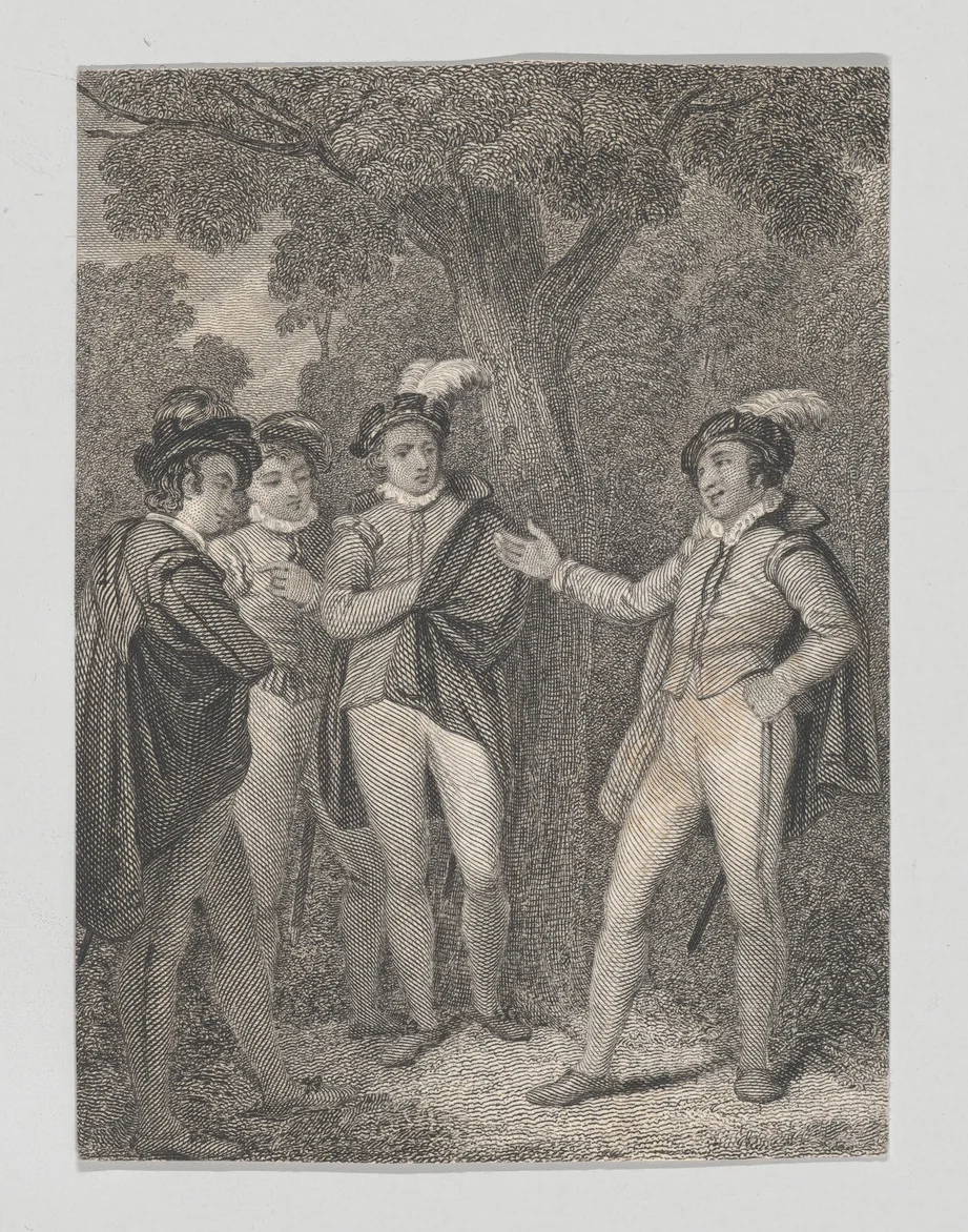 Dumain, Biron, the King, and Longaville (Shakespeare, Love's Labour's Lost, Act 4, Scene 3) by Charles Heath, print, 1825-1840