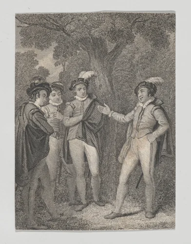 Dumain, Biron, the King, and Longaville (Shakespeare, Love's Labour's Lost, Act 4, Scene 3) by Charles Heath, print, 1825-1840