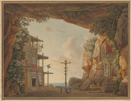 Design for Stage Set for the Second Act of Elisca or L'Habitante de Madagascar by Jean Thomas Thibault, drawing, 1798