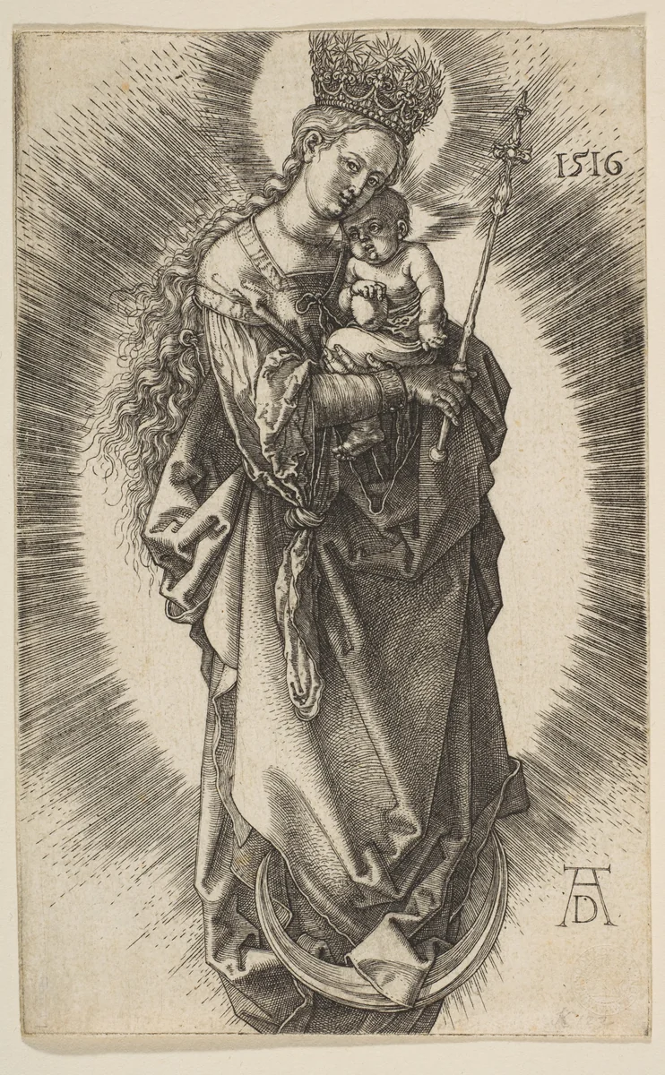 Virgin on the Crescent with Scepter and Starry Crown by Albrecht Dürer, print, 1516
