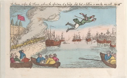 The Baron crosses the Thames without the assistance of a bridge, ship, boat, or balloon, or even his own will by Thomas Rowlandson, print, 1809-1811