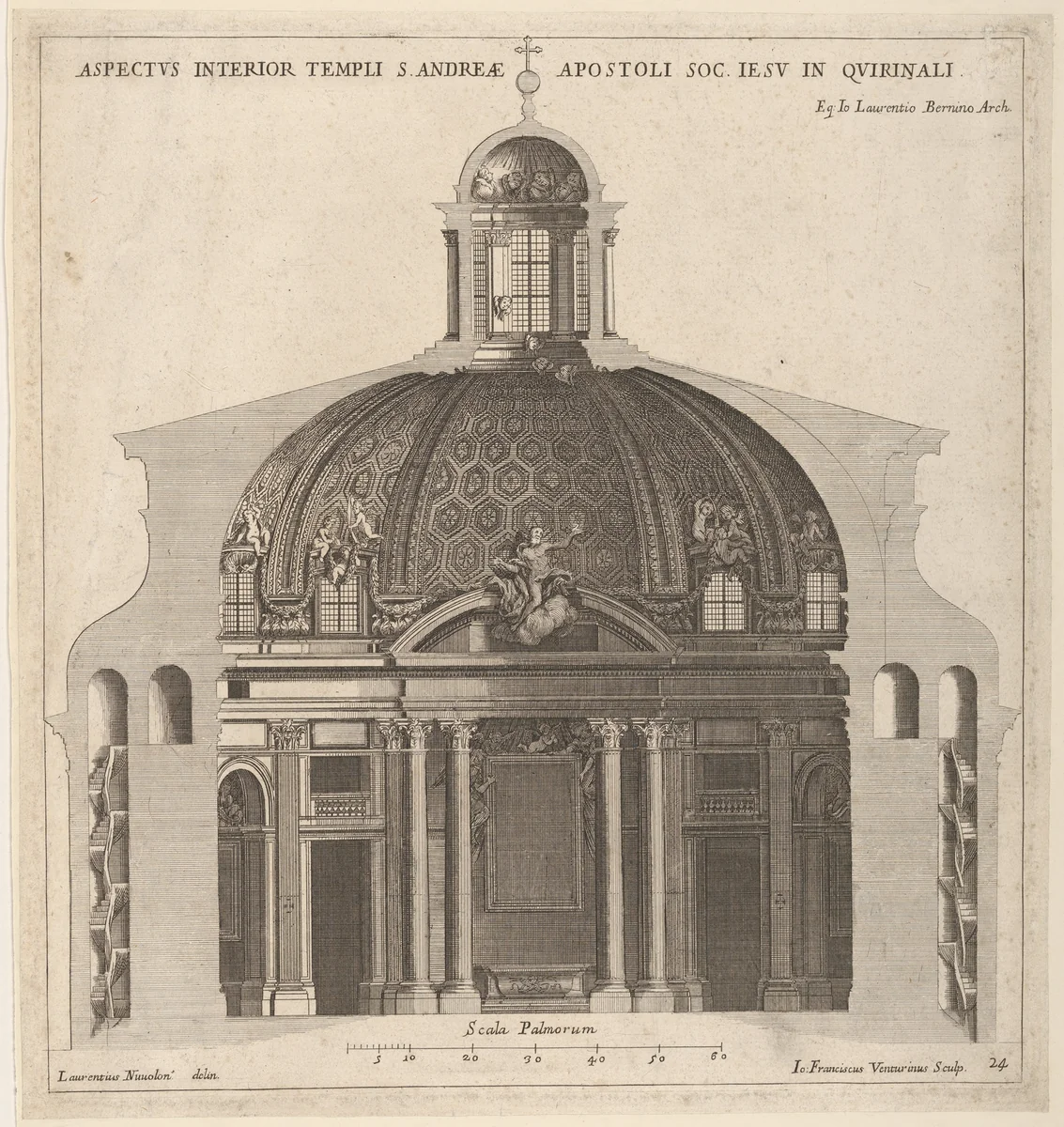 Cross-section of the church of Sant'Andrea al Quirinale, Rome, showing lantern, cupola, and altar by Giovanni Francesco Venturini, print, 1658-1700