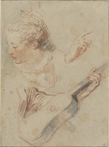 Studieblad met meisjeshoofd, een hand en een arm die een gitaar vasthoudt by Jean-Antoine Watteau, drawing, 1705-1721