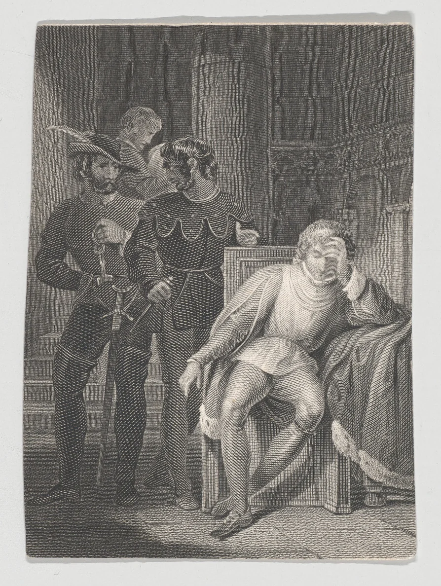 The Duke of Clarence Asleep in the Tower, as Brackenbury Leaves (Shakespeare, Richard III, Act 1, Scene 4) by Charles Rolls, print, 1825-1840