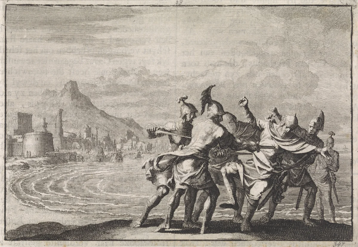 Malichus aan het strand door een viertal krijgslieden gedood by Jan Luyken, print, 1704