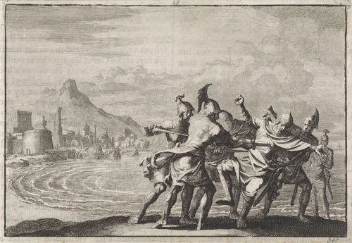 Malichus aan het strand door een viertal krijgslieden gedood by Jan Luyken, print, 1704