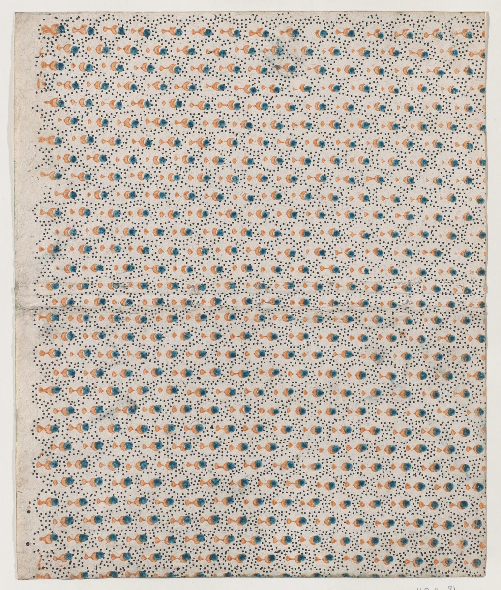 Book cover with overall pattern of orange and blue dots by anonymous, print, 1800-1900
