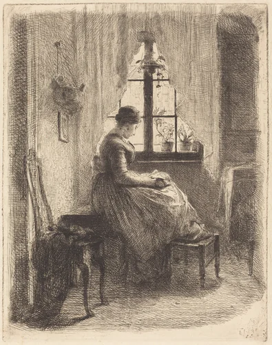 Young Woman Reading by a Window by Philipp Rumpf, print, 1855