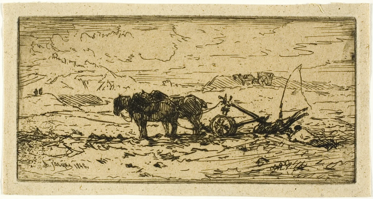 Plowman and his Team Resting by Charles-Émile Jacque, print, 1846