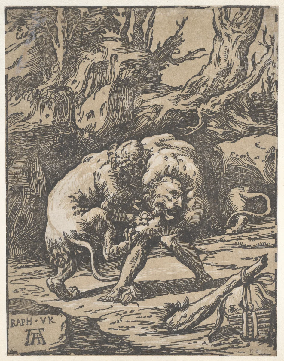 Hercules and the Nemean Lion by Niccolò Vicentino, print, 1540-1550