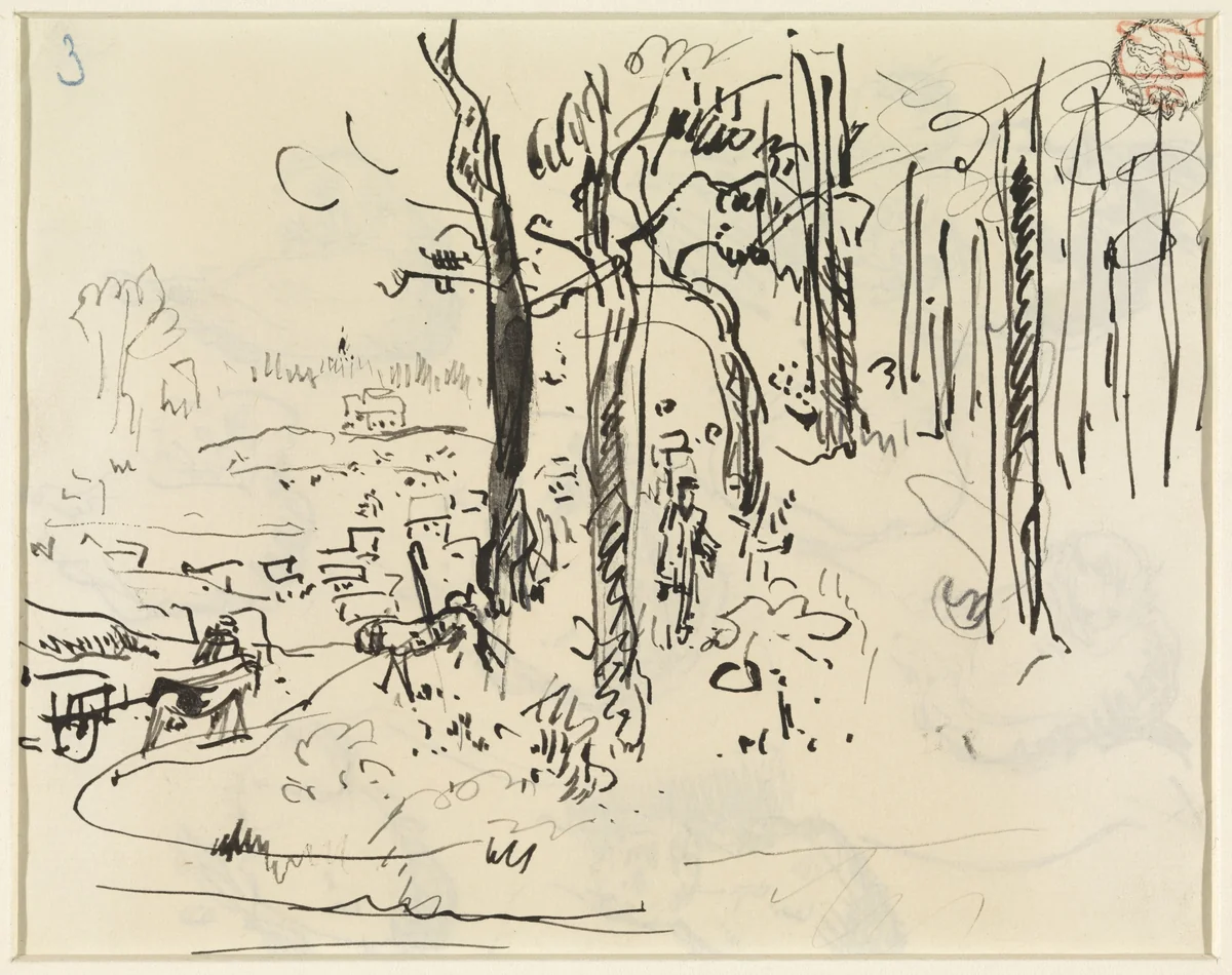 Rand van een bos met wandelaar en paard en wagen by Rik Wouters, drawing, 1892-1916