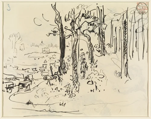 Rand van een bos met wandelaar en paard en wagen by Rik Wouters, drawing, 1892-1916
