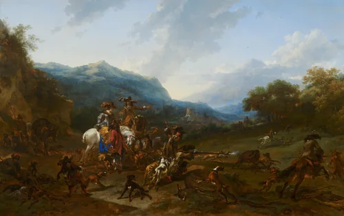 Wild Boar Hunt by Nicolaes Pietersz Berchem, painting, 1659