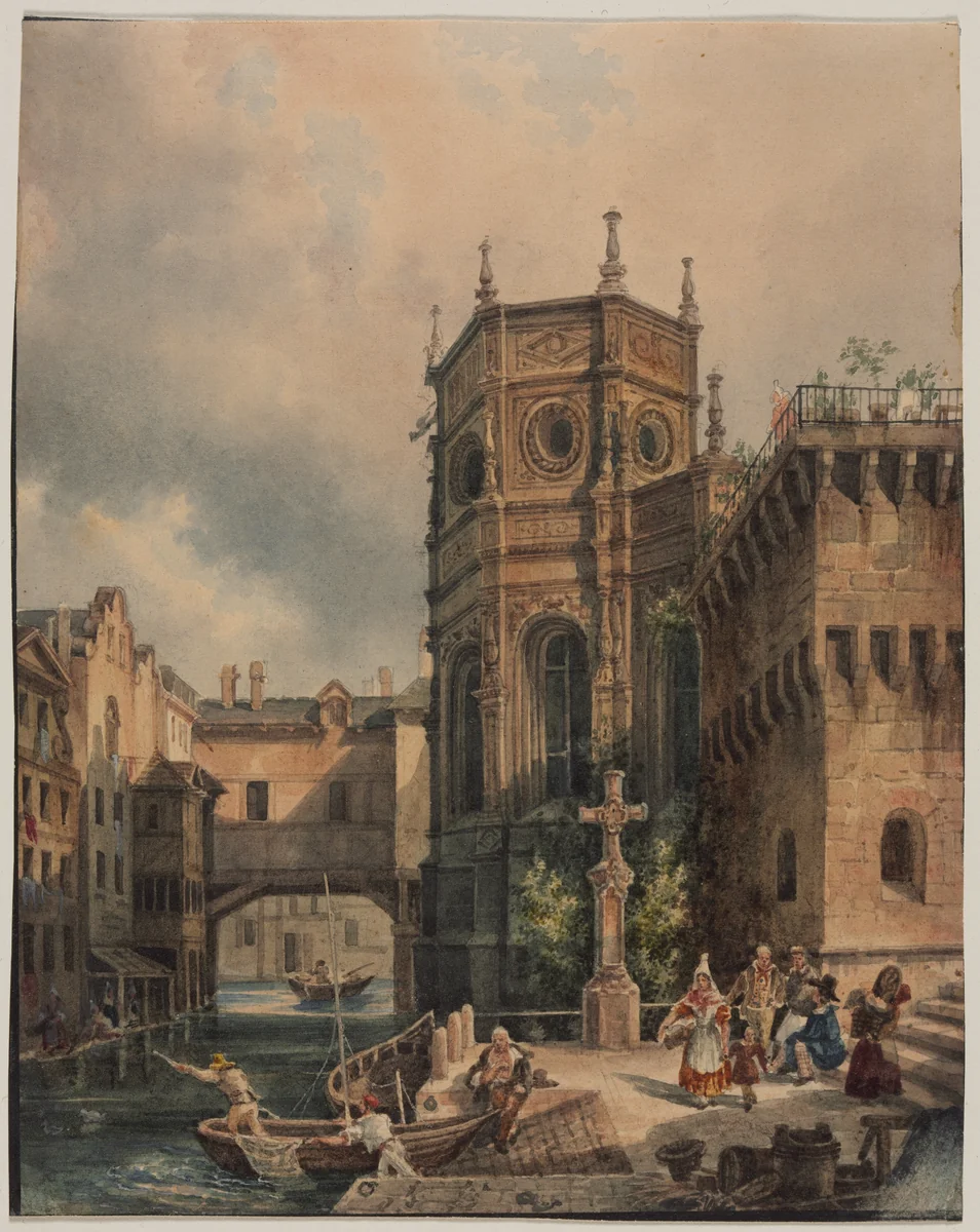 Scene on a Canal by Hippolyte Jean Baptiste Garnerey, drawing, 1787-1858