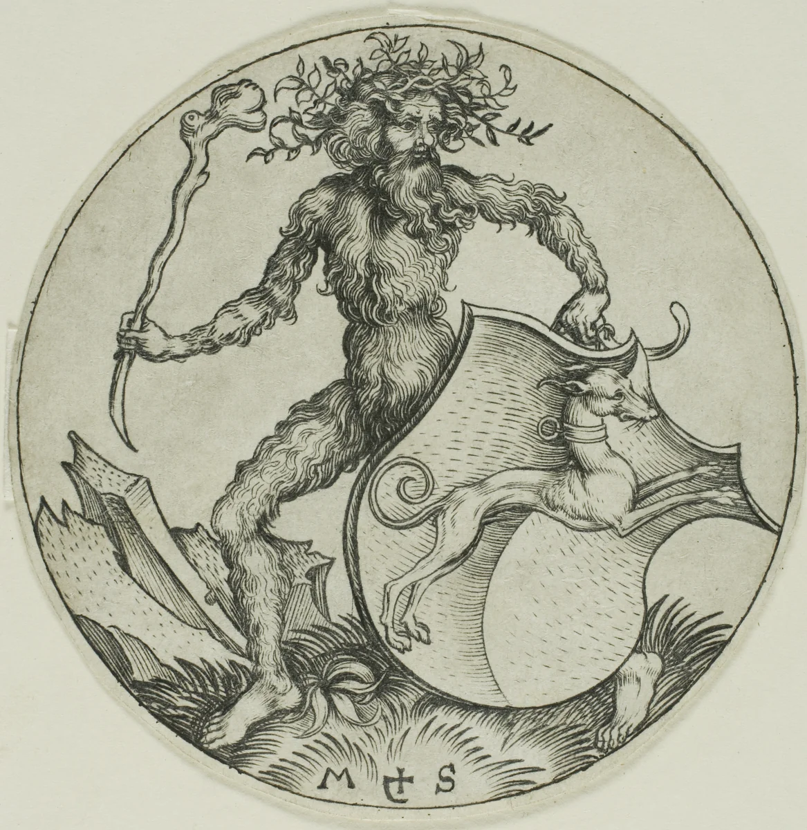 Shield with a Greyhound, Held by a Wild Man by Martin Schongauer, print, 1450-1491