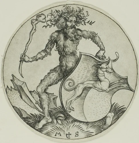 Shield with a Greyhound, Held by a Wild Man by Martin Schongauer, print, 1450-1491