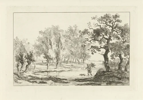 Rivierlandschap met een houtsprokkelaar by Carel Lodewijk Hansen, print, 1780-1840