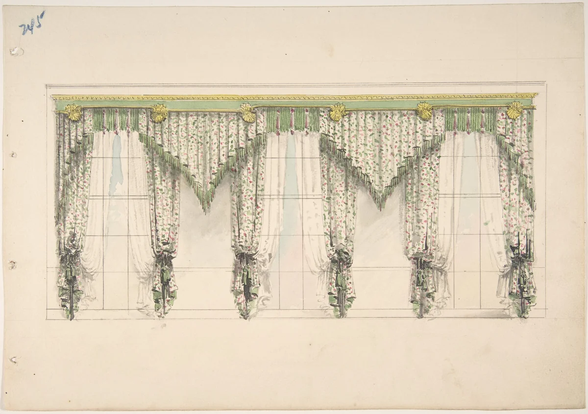 Design for Curtains with Pink, Green and White Floral Fabric and Pink and Green Fringes by anonymous, drawing, 1815-1825