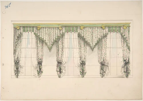 Design for Curtains with Pink, Green and White Floral Fabric and Pink and Green Fringes by anonymous, drawing, 1815-1825