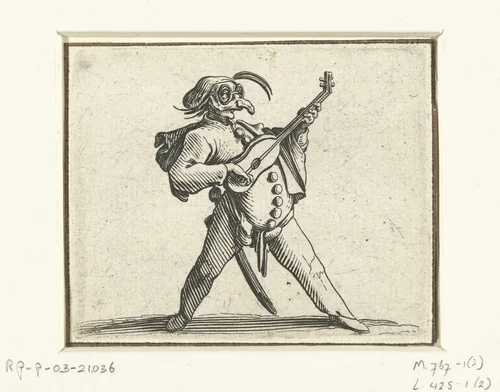 Commedia dell'arte-figuur met gitaar, zwaard en masker by Jacques Callot, print, 1621-1625