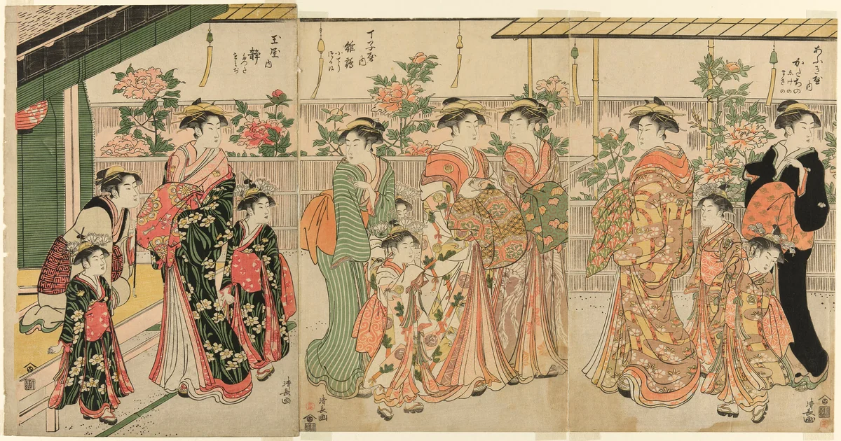 Courtesans of Yoshiwara and their attendants viewing the peonies on Nakanocho by Torii Kiyonaga (鳥居清長), print, 1782-1892