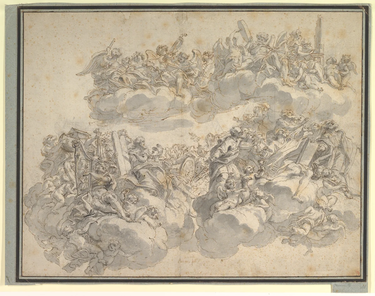 Prophets, Patriarchs, Saints, and Music-Making Angels in Glory by Giovanni Battista Gaulli, drawing, 1639-1709