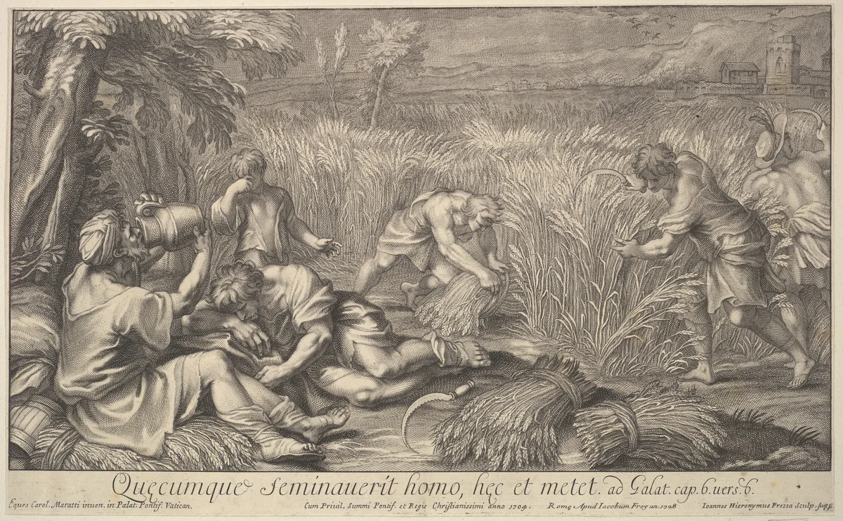 Reapers of grain by Giovanni Girolamo Frezza, print, 1704