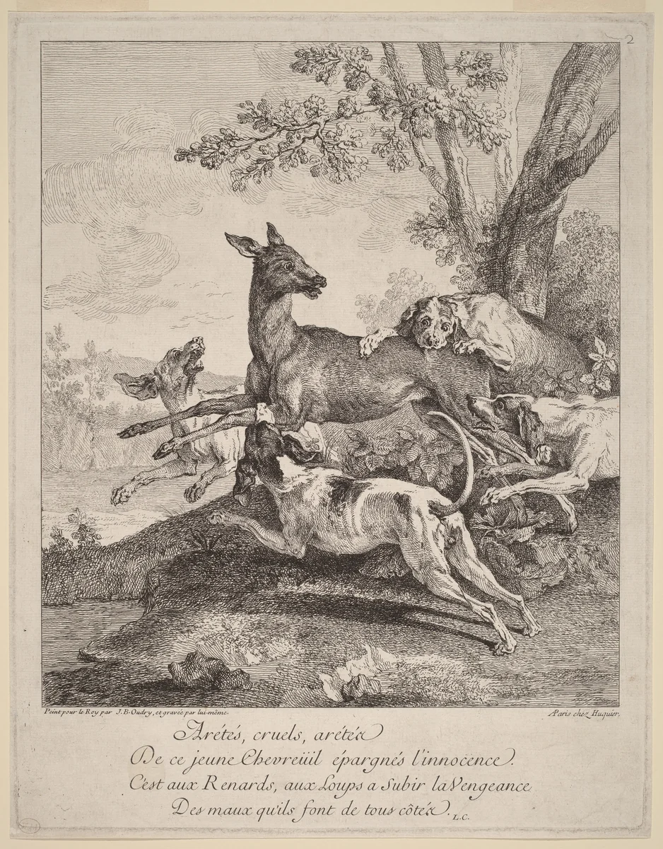 A Deer Attacked by Dogs by Jean-Baptiste Oudry, print, 1725