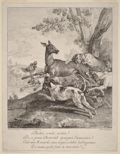 A Deer Attacked by Dogs by Jean-Baptiste Oudry, print, 1725