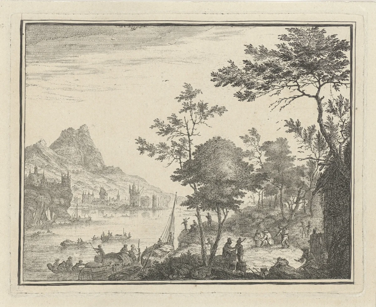 Rivierlandschap met landingsplaats by Gerard Melder, print, 1703-1754