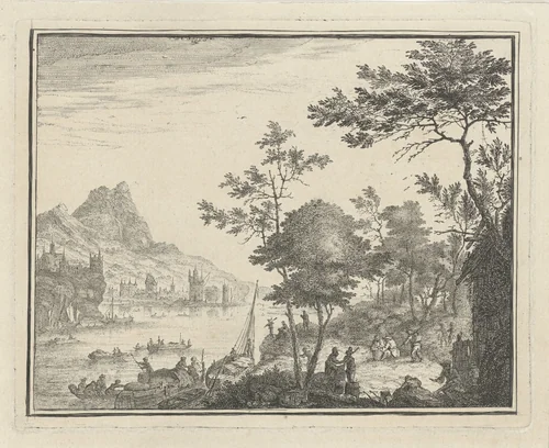 Rivierlandschap met landingsplaats by Gerard Melder, print, 1703-1754