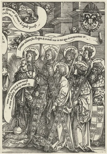 Keizer Maximiliaan I knielt voor Christus by Unknown, print, 1519