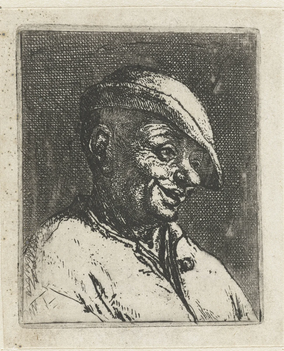 Bust of a Smiling Peasant by Adriaen van Ostade, print, 1660-1670
