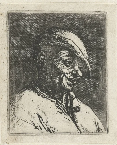 Bust of a Smiling Peasant by Adriaen van Ostade, print, 1660-1670