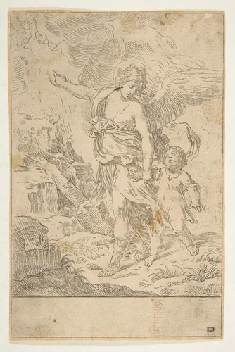 A guardian angel walking with a child by Simone Cantarini, print, 1635-1645