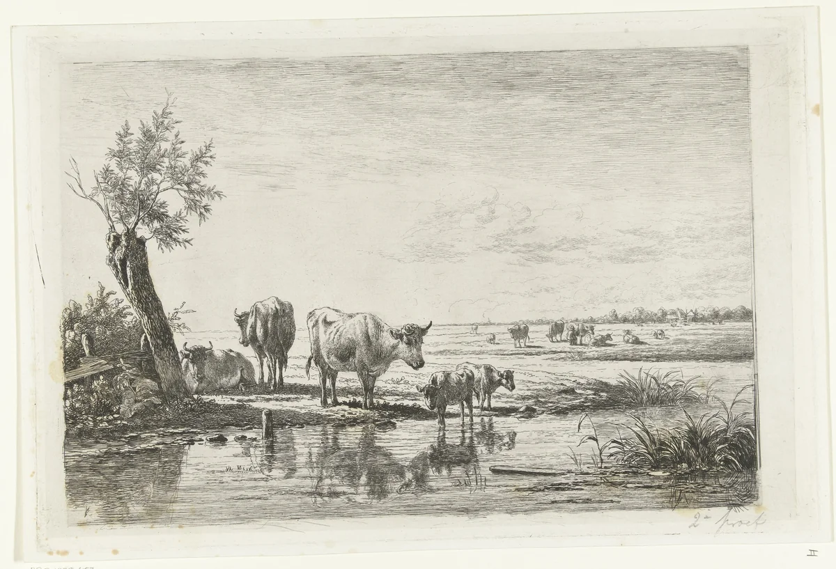 Weidelandschap met koeien bij water by Simon van den Berg, print, 1822-1891