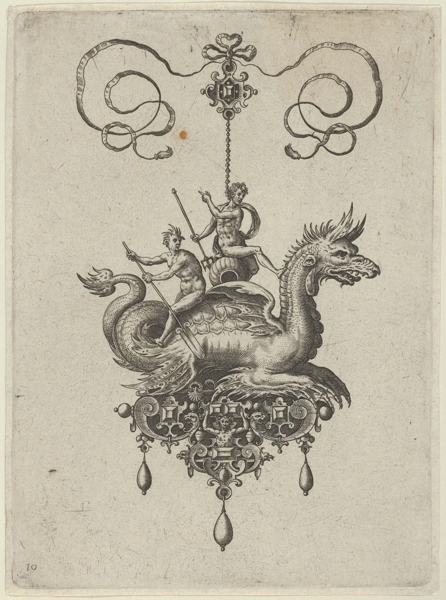Pendant Design with a Sea Monster Carrying Neptune on an Urn Beside a River-God with an Oar by Adriaen Collaert, print, 1582