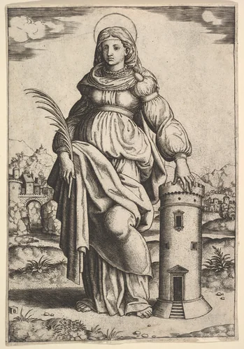 Saint Barbara standing, palm in her right hand, resting her left hand on a tower by Master of the Die, print, 1530-1560