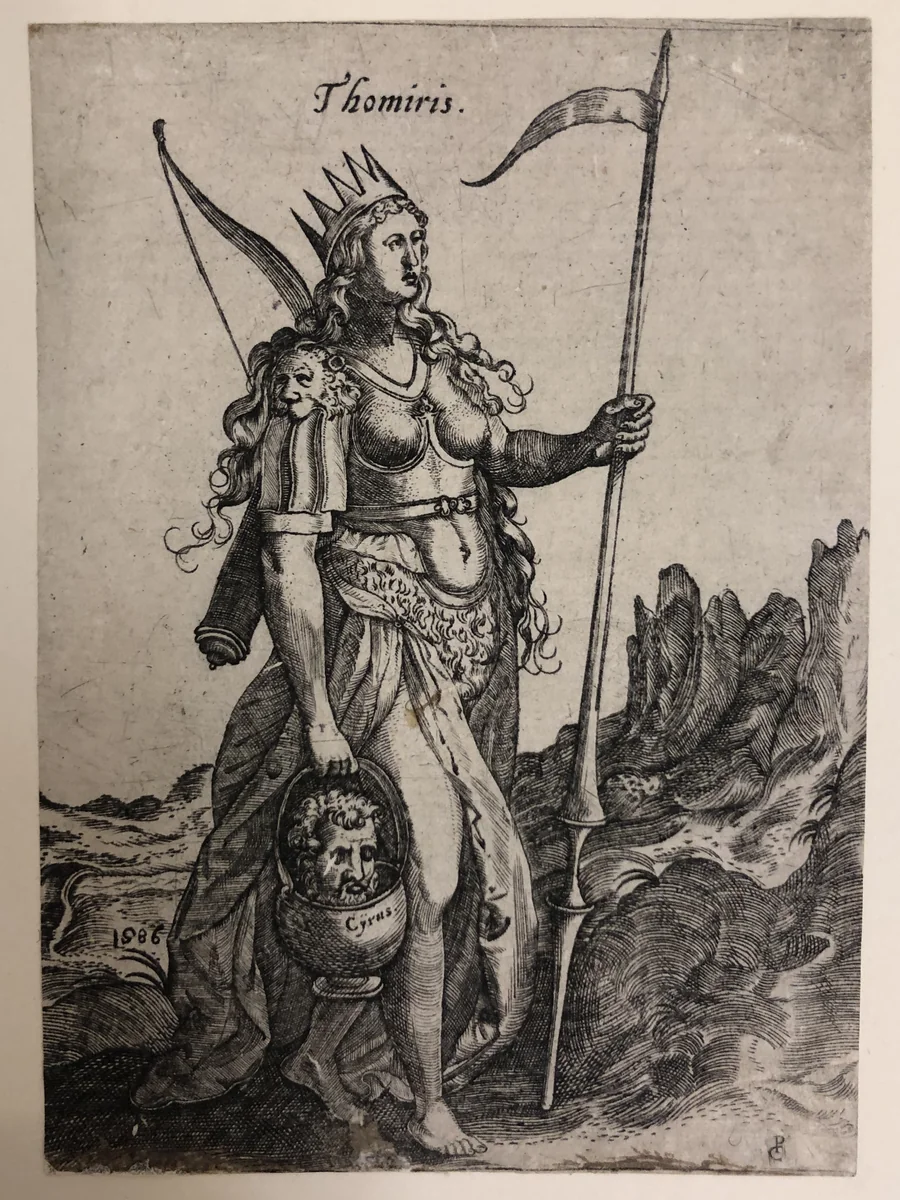 Tomyris with the Head of King Cyrus by Hieronymus Wierix, print, 1586