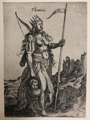 Tomyris with the Head of King Cyrus by Hieronymus Wierix, print, 1586
